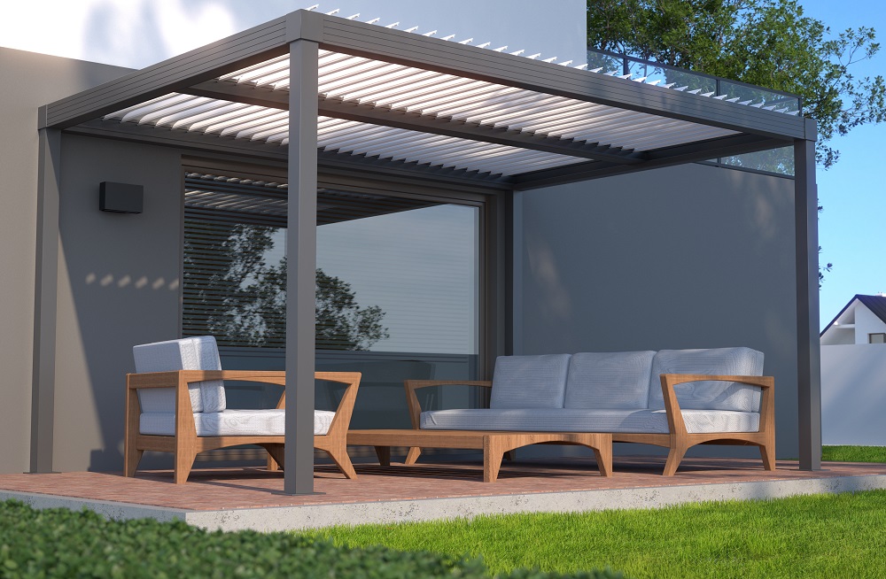 Modernes Terrassendach in dunkelgrau mit hellenLamellen als Sonnenschutz von Firma für Terrassendachbau